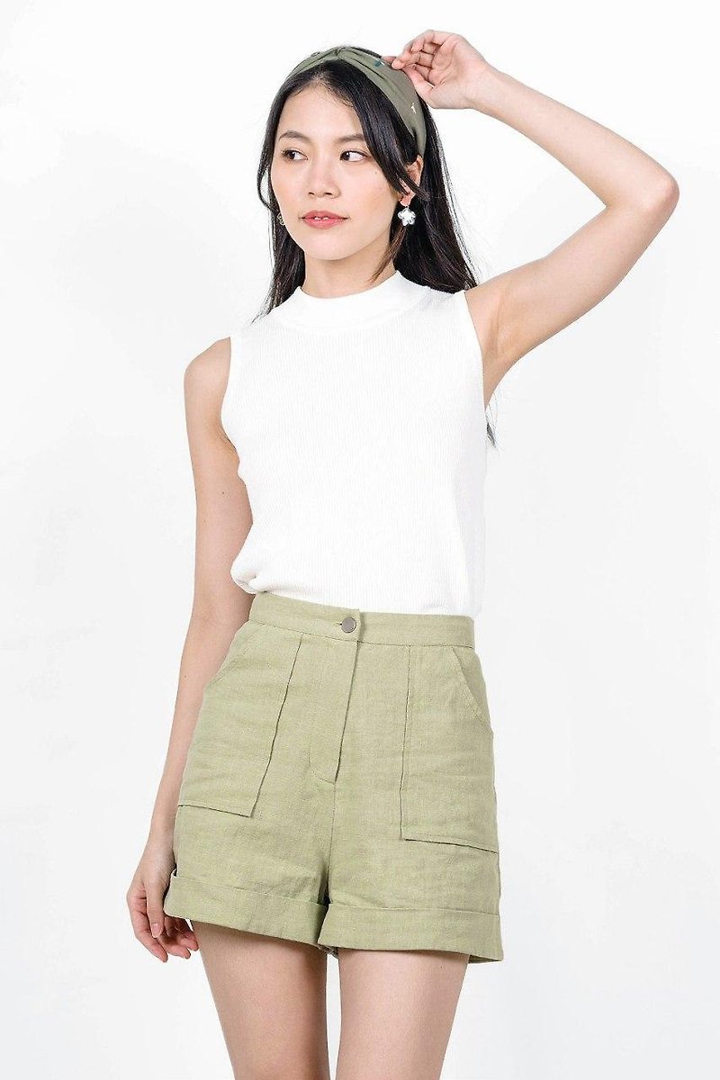 afterjuly garden系列 原创设计简约反折短裤 - 茶绿色 - 女装短裤 - 棉．麻 绿色