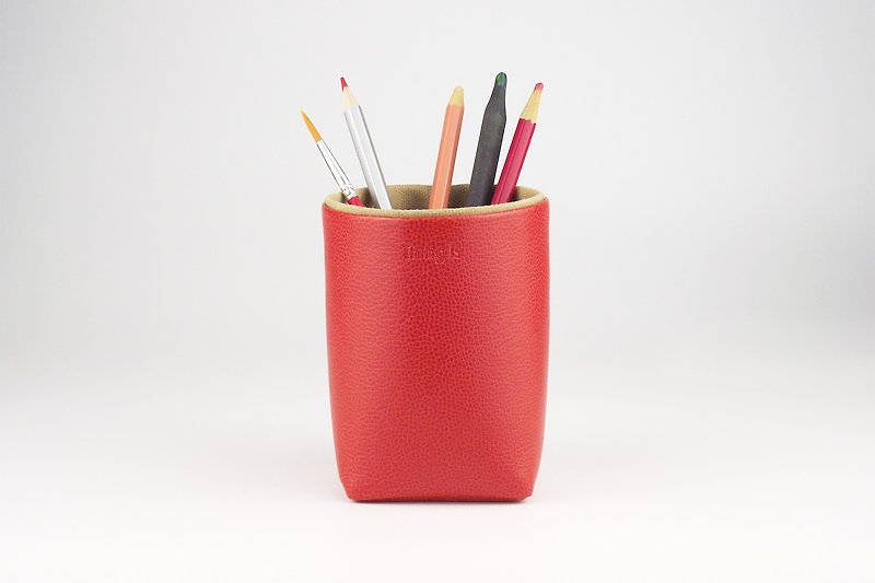 皮革帆布笔筒 桌面收纳 红色 - 笔筒/笔座 - 人造皮革 红色