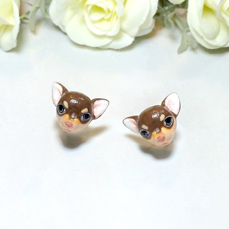 Chihuahua Dog Earrings, Dog Stud Earrings, dog lover gifts - 耳环/耳夹 - 粘土 咖啡色