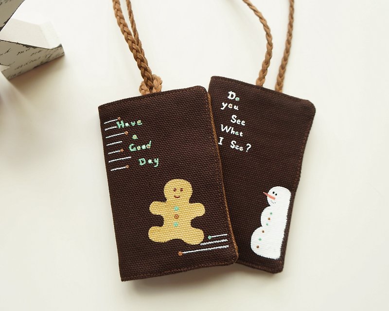 手绘姜饼人&雪人卡套 挂带更改为深咖啡色  附圣诞包装 - 证件套/卡套 - 棉．麻 咖啡色
