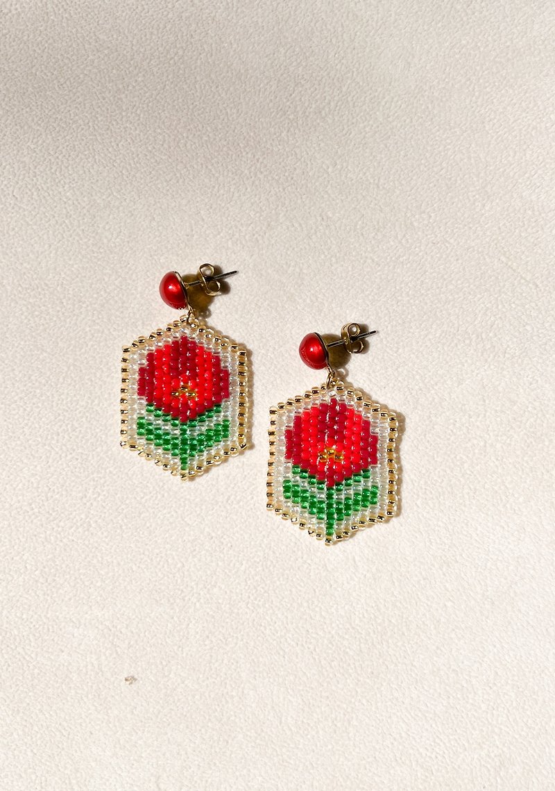 日本串珠耳环，红花痴 - 胸花/手腕花 - 贵金属 红色