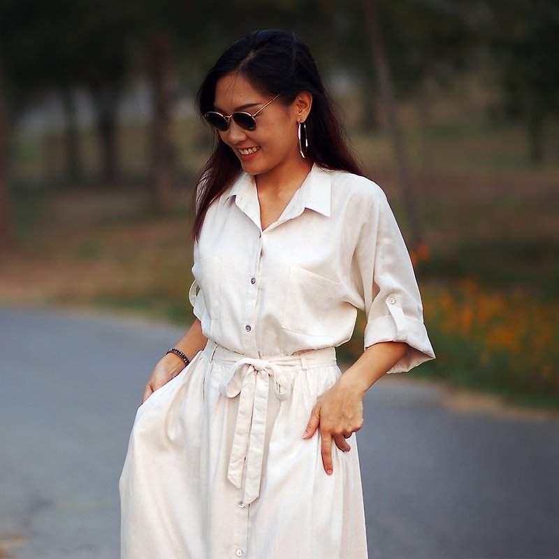 Linen-Viscose Maxi Shirt Dress, Bret, Natural - 洋装/连衣裙 - 棉．麻 白色