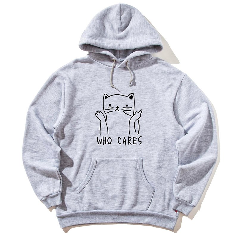 Who Cares Cat #2 谁在乎 前面图案 长袖帽T 刷毛 中性版 灰色 猫 - 中性连帽卫衣/T 恤 - 棉．麻 灰色