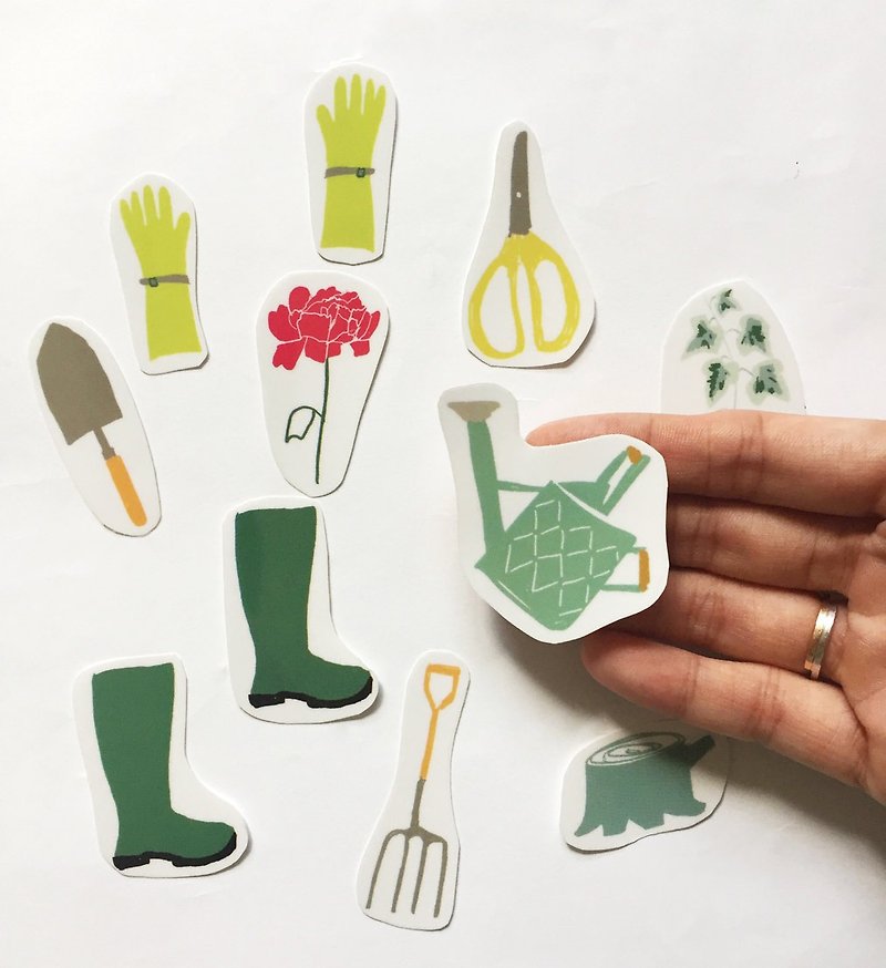 园艺透明贴纸  小园丁手剪贴纸 玫瑰花园里的雨鞋与工具  一包11入 - 剪刀/拆信刀 - 塑料 绿色