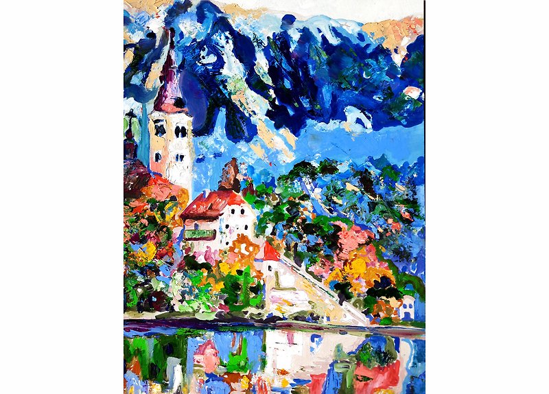 Alps Oil Painting Original Art Mountain Art Impasto Oil Painting - 墙贴/壁贴 - 其他材质 蓝色