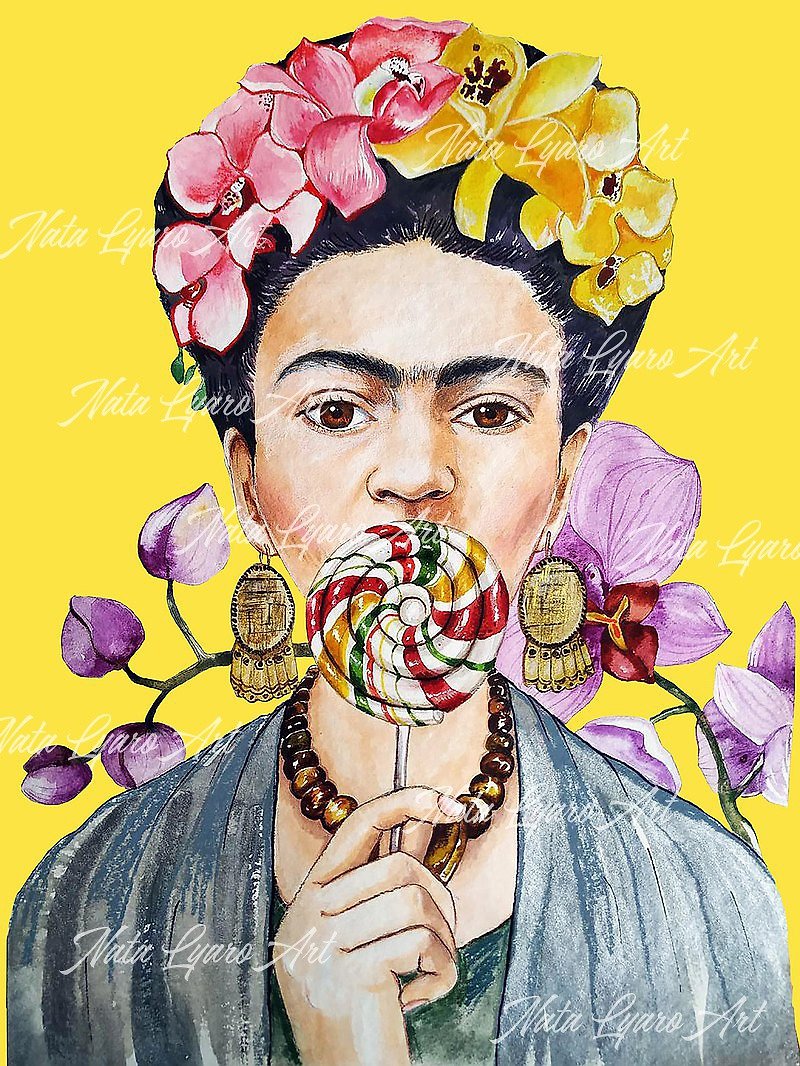 Frida Kahlo portrait with Lollipop on yellow digital background 10*7.5 in - 插画/绘画/写字 - 其他材质 黄色