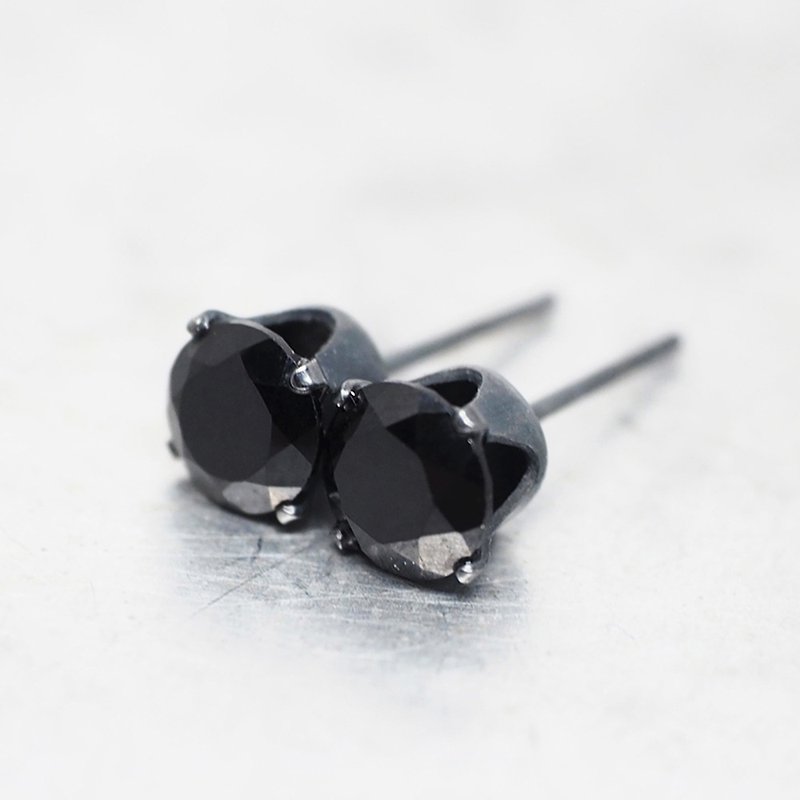其他金属 耳环/耳夹 黑色 - Black Spinel Black Earrings - Black Sterling Silver - 6mm Round - Onyx