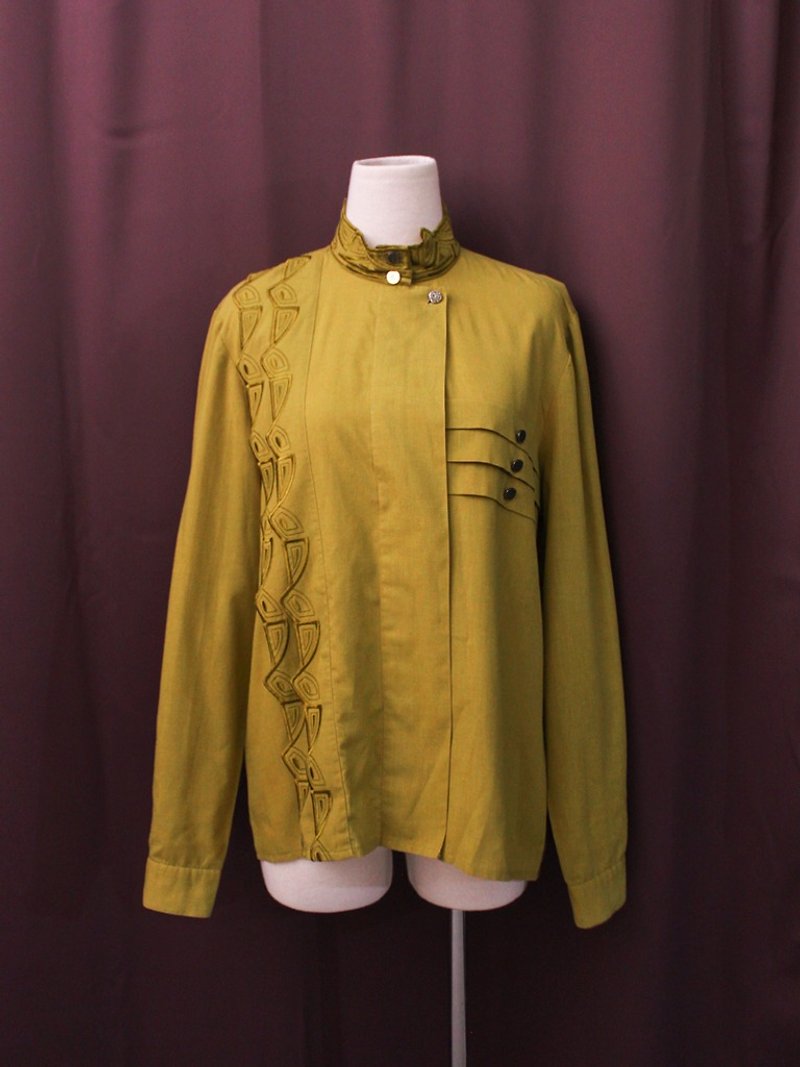 复古欧洲特殊剪裁刺绣橄榄黄棉长袖古着衬衫 Vintage Blouse - 女装衬衫 - 棉．麻 卡其色