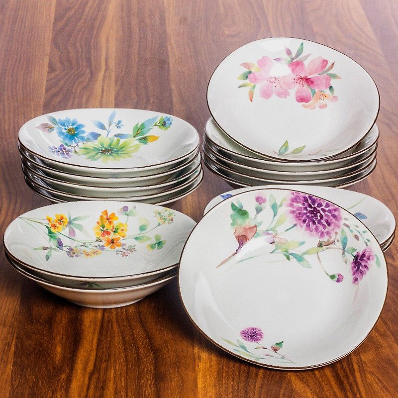 现货日本进口美浓烧和蓝花卉繁花语陶瓷餐碟盘子餐具套装礼品礼盒 - 浅碟/小碟子 - 瓷 