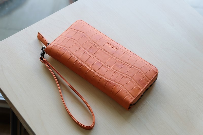 MeLLow - Round Zip Wallet - Juicy Orange (Cow leather with Croco Embossed) - 皮夹/钱包 - 真皮 橘色