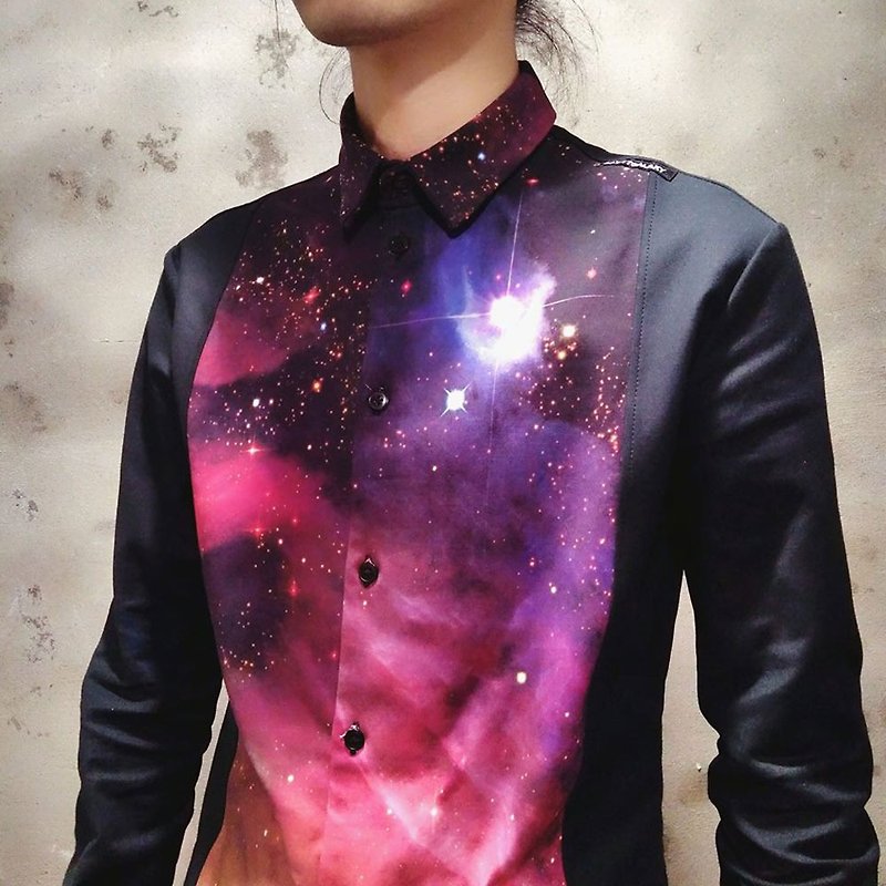 中性极简银河印花拼接衬衫(女) Ray77 Galaxy - 女装衬衫 - 聚酯纤维 黑色