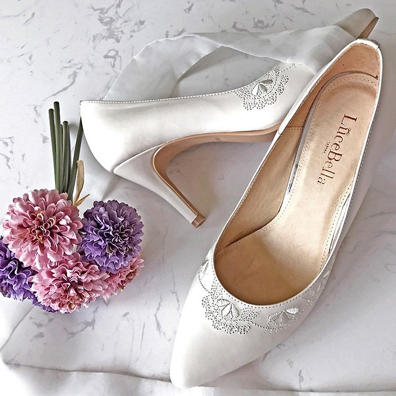 【花样幸福】法式刺绣手工婚鞋-米白-MIT全真皮台湾高跟鞋 - 高跟鞋 - 真皮 白色