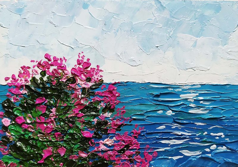 Landscape flowers bougainvillea oil painting impasto original work flowers art - 墙贴/壁贴 - 其他材质 蓝色