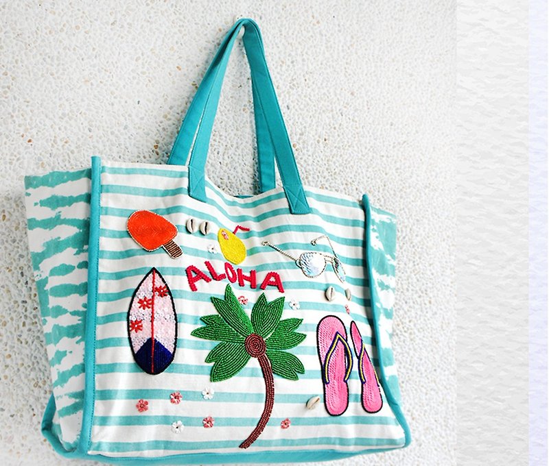手提包 旅行袋 海滩包*ALOHA浅蓝绿 - 手提包/手提袋 - 棉．麻 