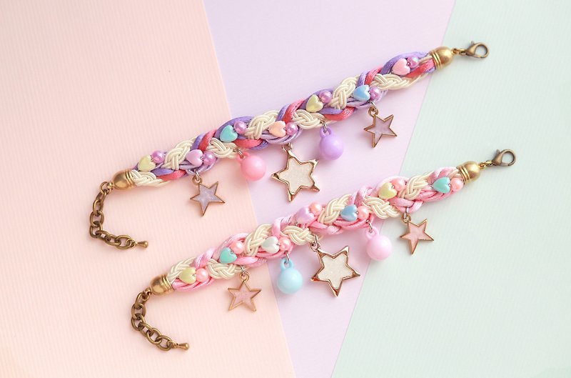 Purple Pink braided bracelet with white glittering star - 手链/手环 - 聚酯纤维 多色