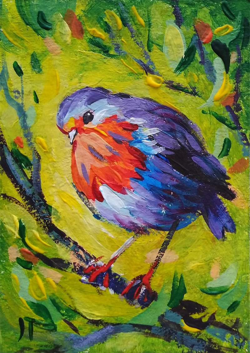 树枝上的原始小艺术鸟红色浆果微型画 - 墙贴/壁贴 - 其他材质 多色