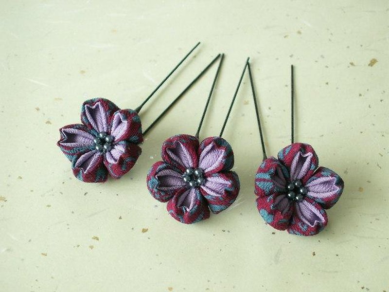 つまみ細工　古布で作った桜の髪飾りの３点セット〈紫〉　お花見にぴったり♪ - 发饰 - 其他材质 紫色