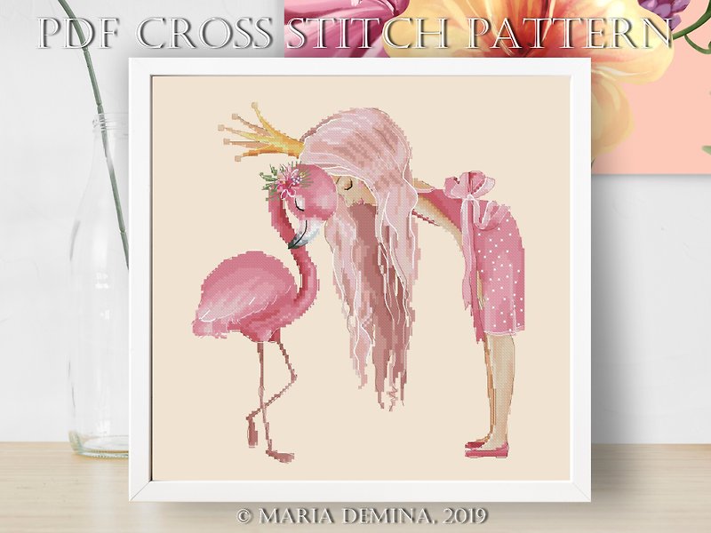 The Girl And Flamingo III PDF cross stitch pattern