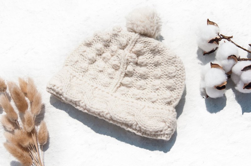 手织纯羊毛帽/针织毛帽/内刷毛手织毛帽/手工针织毛线帽-白色雪景 - 帽子 - 羊毛 白色