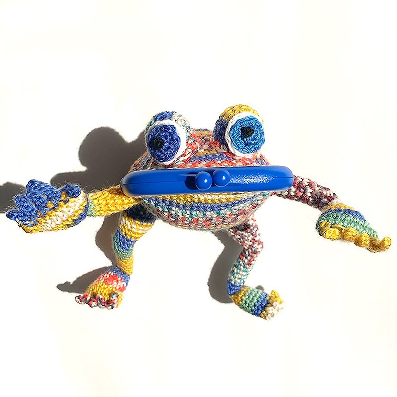 【カエル がま口 】かぎ針編みのカエル ブルー - 零钱包 - 压克力 黄色