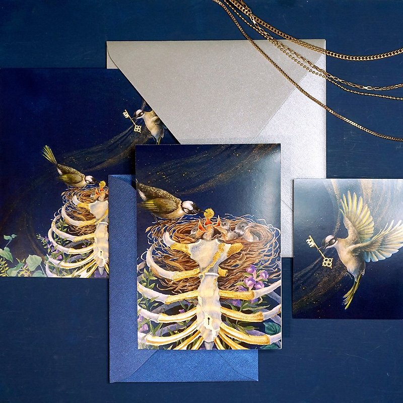 【金继而生】绘画卡片组合包 | 白头翁&肋骨动物水彩贺卡 - 卡片/明信片 - 纸 蓝色