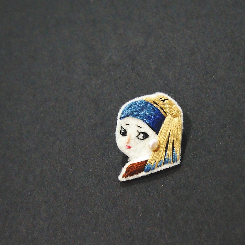 松子 肖像 戴珍珠耳环的少女 手工 刺绣 别针 - 胸针 - 绣线 多色