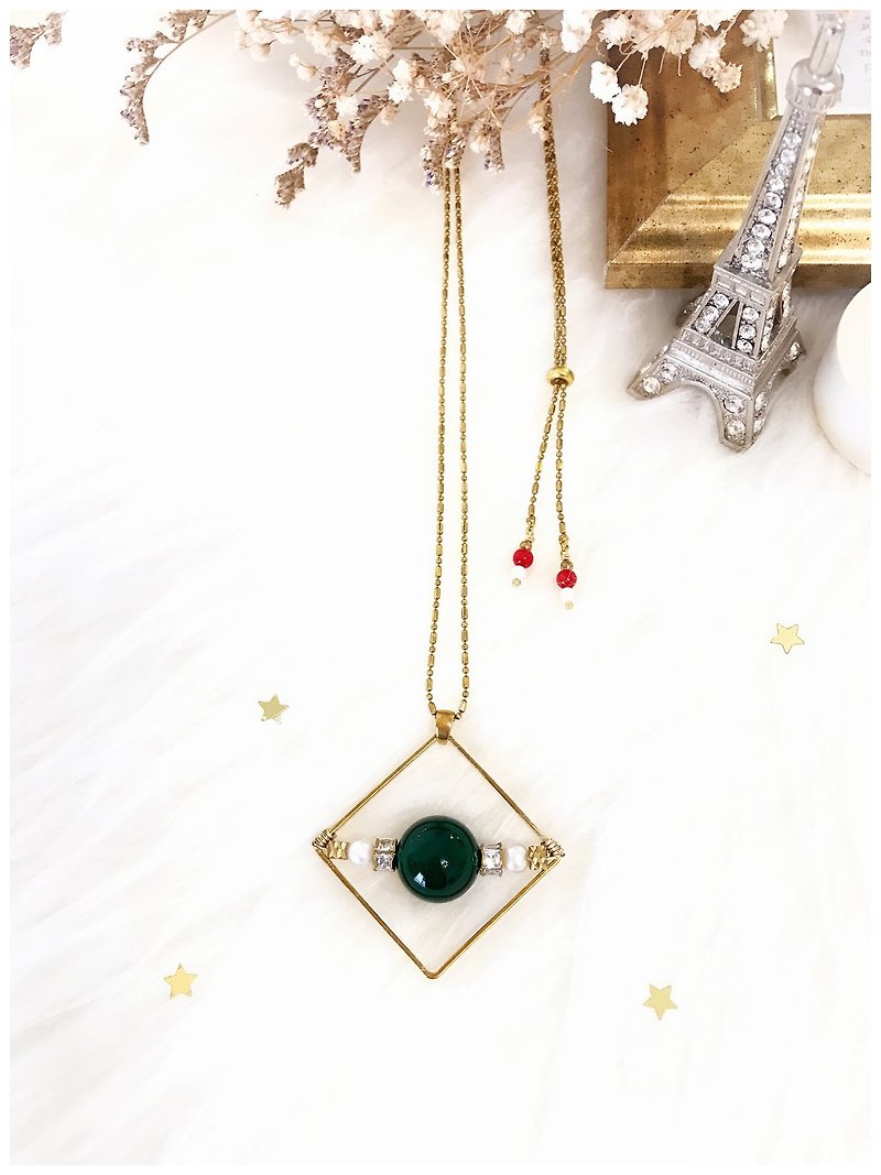 +绿玛瑙·珍珠·菱形项链+ - 项链 - 宝石 绿色