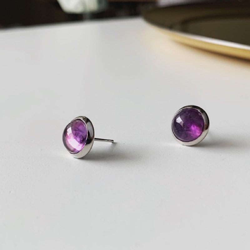 天然石圆耳环  紫水晶复古耳环 - 耳环/耳夹 - 宝石 紫色