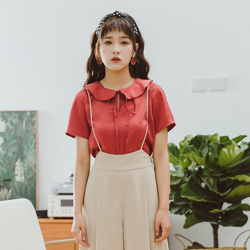 安妮陈2018夏季新款纯色荷叶领短袖T恤 - 女装 T 恤 - 其他材质 红色