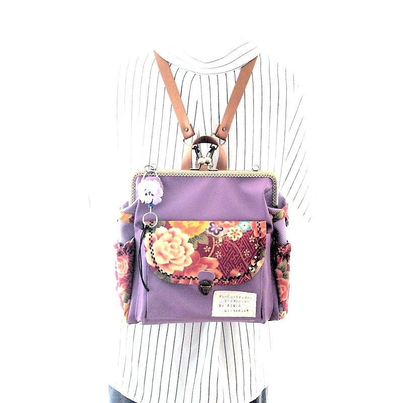 3 WAY back pocket & right zipper attaching backpack full set Japanese pattern O - 后背包/双肩包 - 真皮 紫色