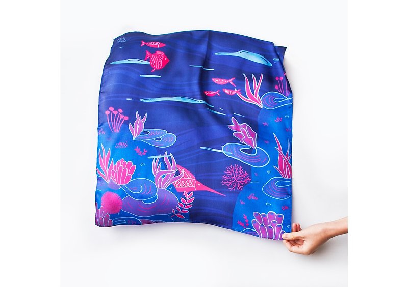 Coral Reef Silk – Navy/Ruby, Silk, Silk Scarf, 100% Silk - 丝巾 - 丝．绢 蓝色