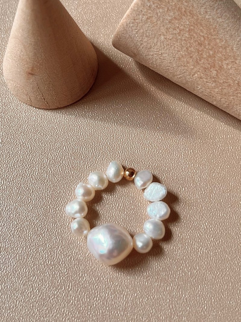 淡水珍珠巴洛克珍珠串珠戒指 | 简约法式 母亲节 情人节 生日礼物 - 戒指 - 珍珠 白色