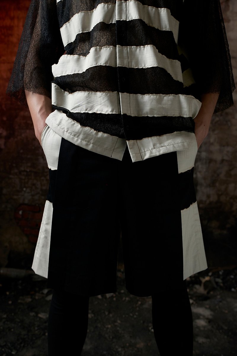 烧边档片短裤(181P01) - 男士长裤 - 棉．麻 黑色