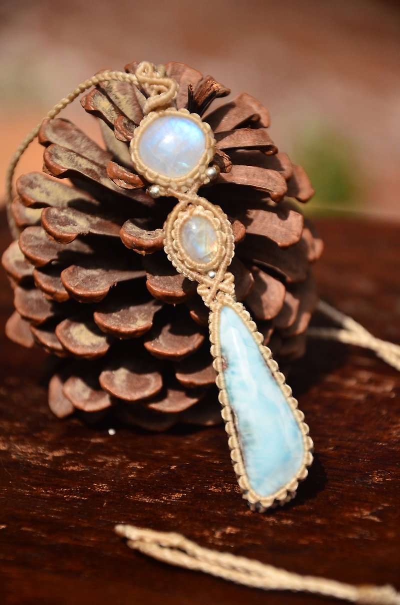 织途海纹石/拉利玛, 月光石花边编织项链 - 项链 - 宝石 蓝色