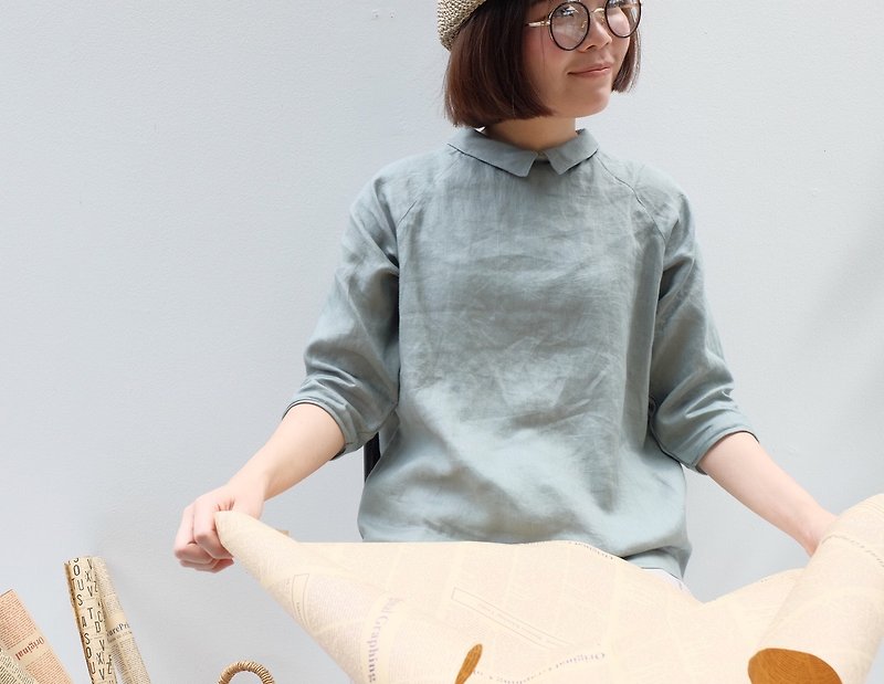 Nobita Shirt (slope shoulder) : Linen Mint - 女装上衣 - 棉．麻 绿色