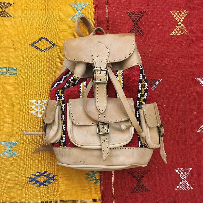 摩洛哥 手工平织地毯 浅色小羊皮 后背包 民族风 配件 - 后背包/双肩包 - 真皮 卡其色