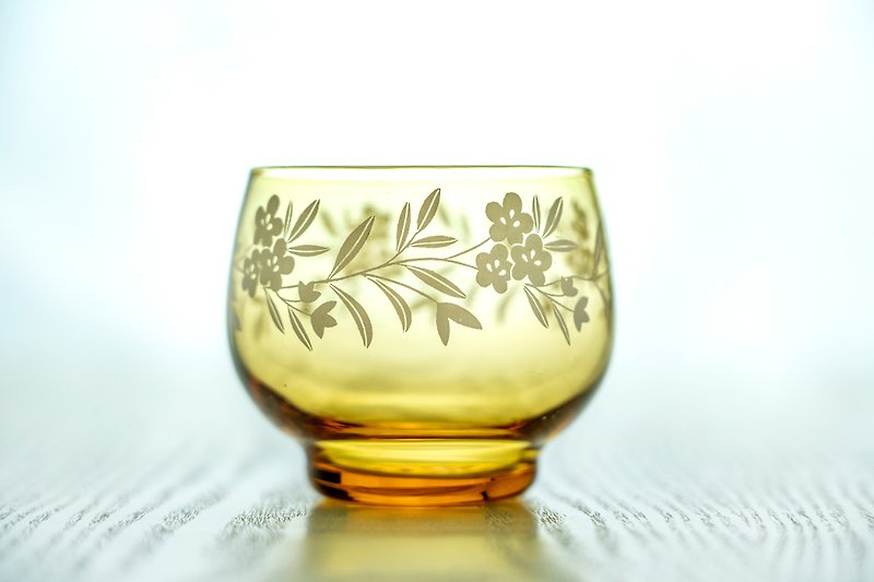 日本制 昭和 早期琥珀色印花玻璃冷茶杯  中古如新 台湾包邮 - 杯子 - 玻璃 橘色