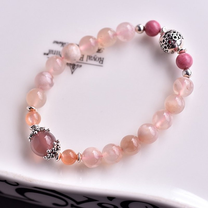 樱花玛瑙+紫玉髓+玫瑰石+太阳石纯银手链 - 手链/手环 - 宝石 粉红色