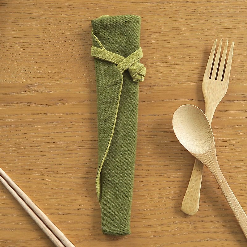 棉麻餐具收纳袋-餐具行囊 | 宽版 | 抹茶绿x芥末黄 - 餐刀/叉/匙组合 - 棉．麻 绿色