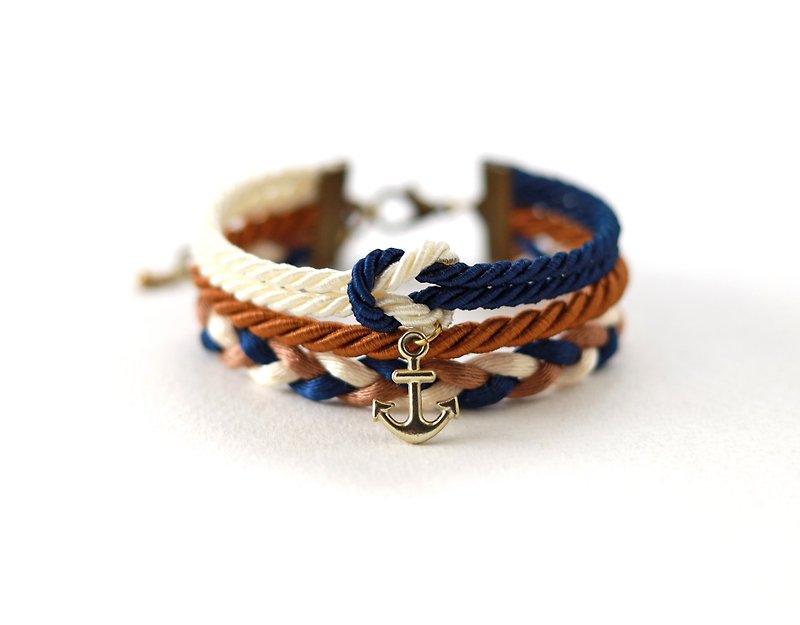Nautical wrap bracelet in with anchor in navy blue / cinnamon brown / cream - 手链/手环 - 其他材质 多色