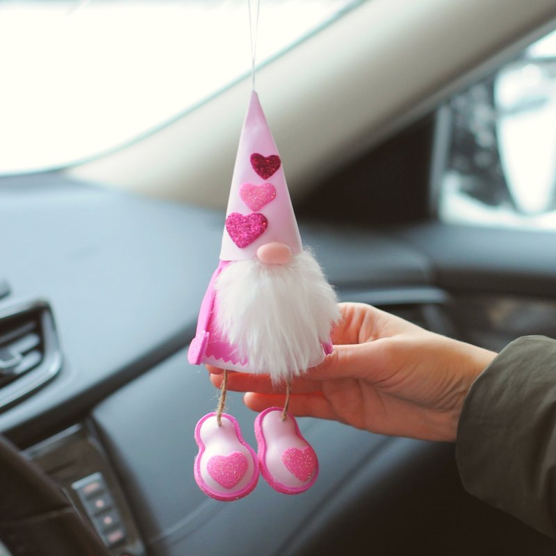 Handmade pink gnome. Cute car accessory. Valentines car mirror decor. Lover gift - 玩偶/公仔 - 防水材质 粉红色