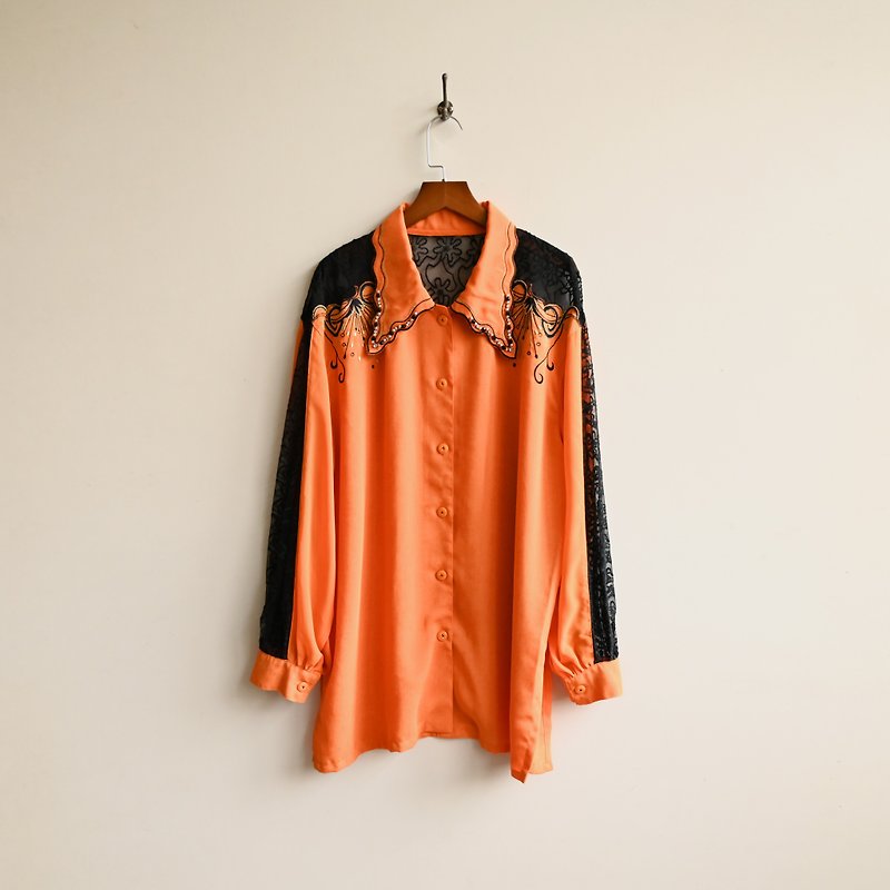 【蛋植物古着】橘子迪斯可蕾丝拼接宽版古着衬衫 - 女装衬衫 - 聚酯纤维 
