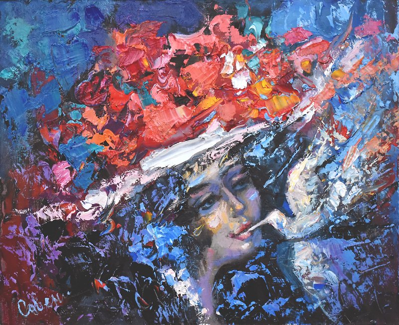 Girl Painting 油畫原作 Original Art Portrait Woman Bird Hat Flower Small Artwork - 海报/装饰画/版画 - 木头 多色