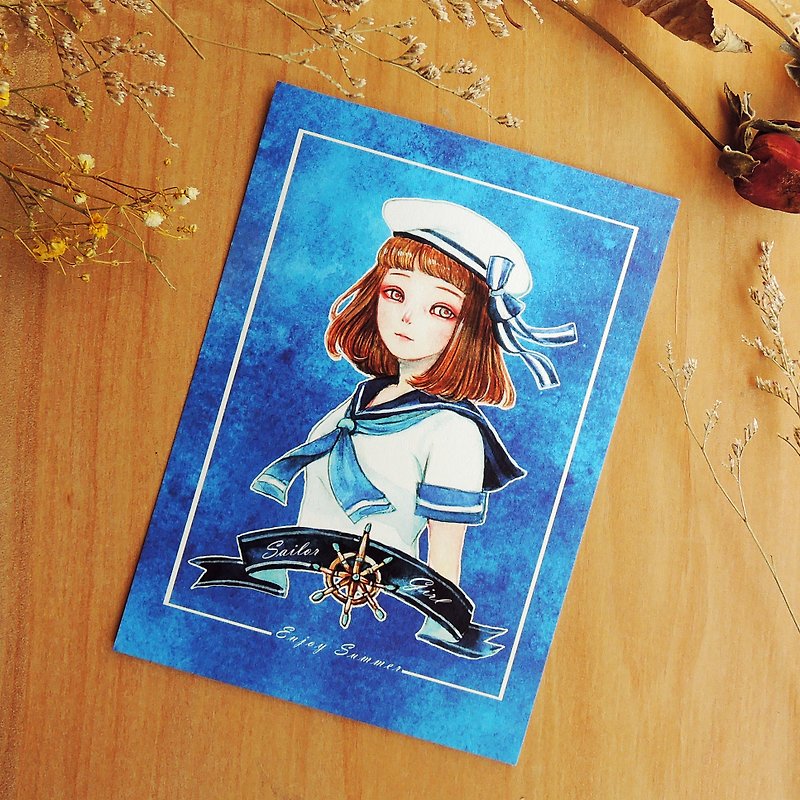 水手服女孩明信片 - 卡片/明信片 - 纸 蓝色