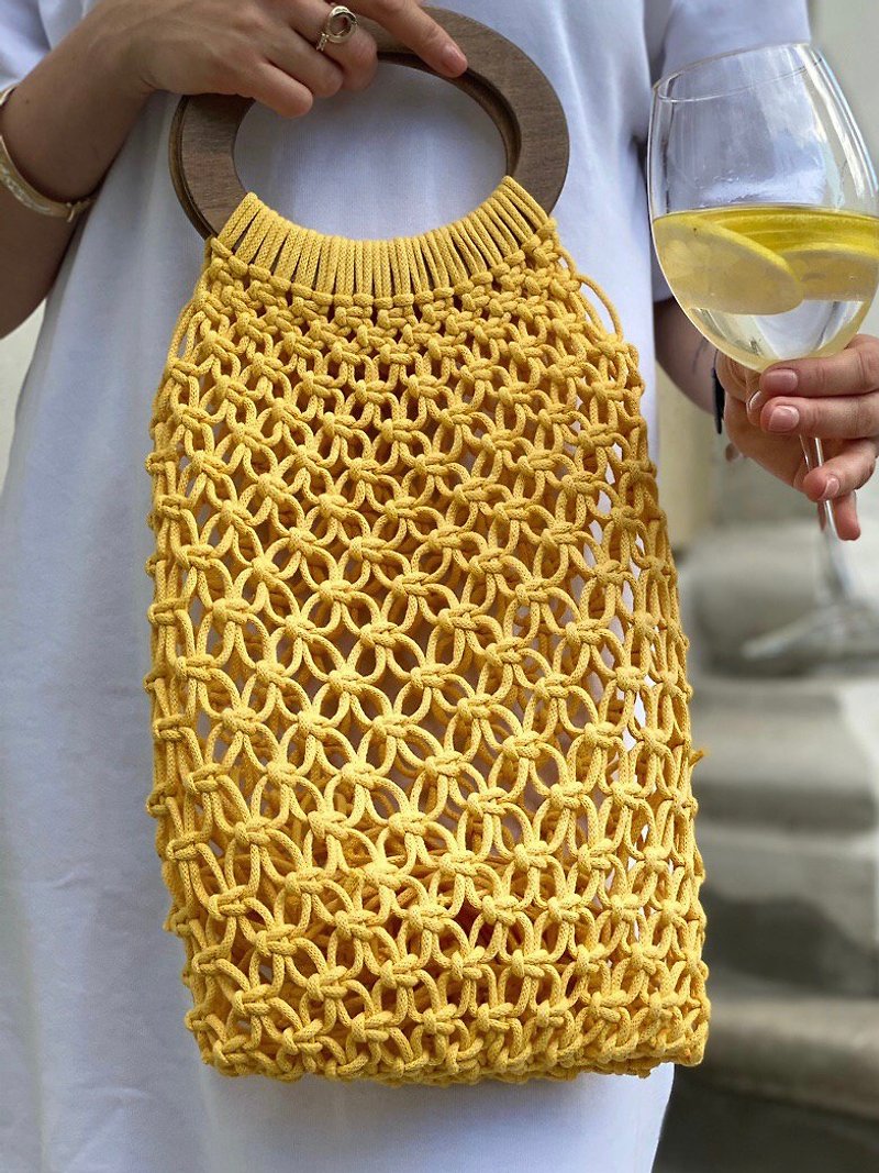 Cute bag Yellow | Woven handmade bag Handbag birthday present Beverage Bag - 手提包/手提袋 - 棉．麻 黄色