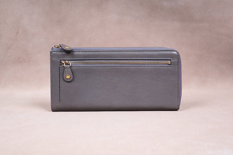 Italian Vegetable Genuine Leather Lady Long Wallet Zipper Wallet Purs gray - 皮夹/钱包 - 真皮 灰色