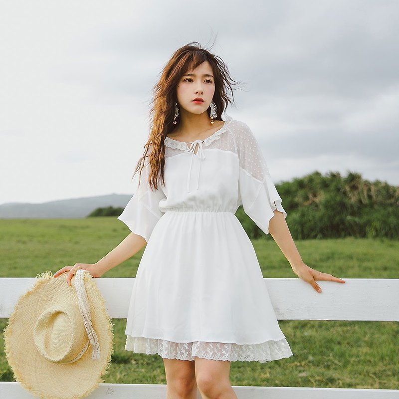 安妮陈2018夏装新款荷叶边袖收腰连身裙洋装 - 洋装/连衣裙 - 其他材质 白色