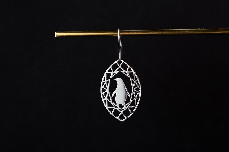 企鹅耳环(单边/一对) 宝石与动物系列:抗敏医疗钢 -可改夹式 - 耳环/耳夹 - 不锈钢 银色