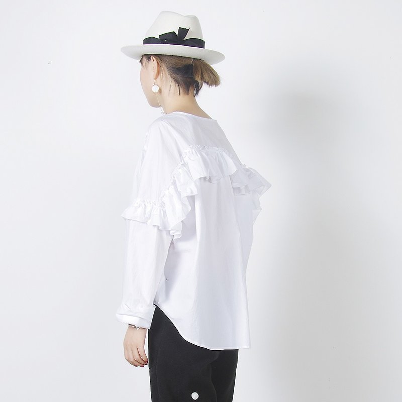 蓬花纯棉日系白色短衬衫 - imakokoni - 女装衬衫 - 棉．麻 白色