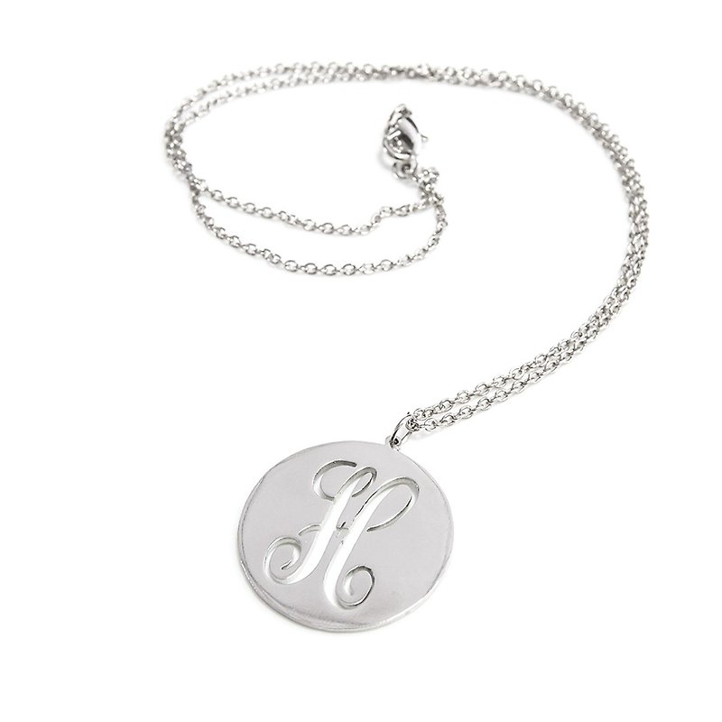 Custom name necklace 1 monogram font round shape pendant - 项链 - 其他金属 银色